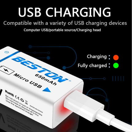 Beston Micro USB 9v Rechargeable Battery Li - ion Battery 9000mWh With cable 1500+ Recharge Cycles - Go2buy Australia