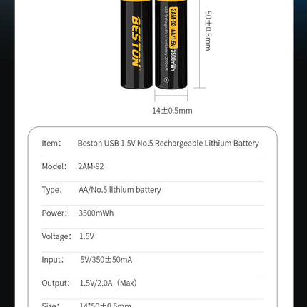 Beston Micro USB AAA/AA Rechargeable Battery Li - ion Battery 3500mWh With cable - Go2buy Australia