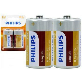 2PCS GENUINE Philips Long Life Zinc Carbon D R20 Battery Factory Sealed BULK LOT