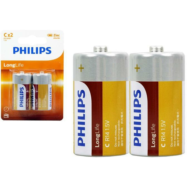 2PCS GENUINE Philips Long Life Zinc Carbon C Battery Factory Sealed