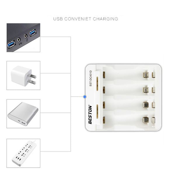 Beston 4-Slot Quick Smart Intelligent QC Battery USB Charger for 1.2V AA AAA NiMh Rechargeable Battery